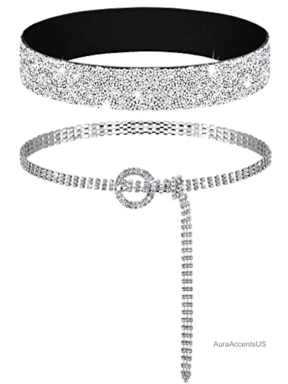 2 Stretchy Rhinestone Glitter Belts O Ring Buckle Bling Dress Belts